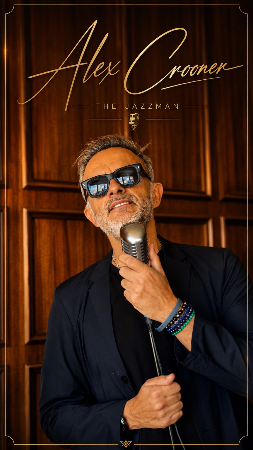 Retrato de Alex Crooner con micrófono clásico