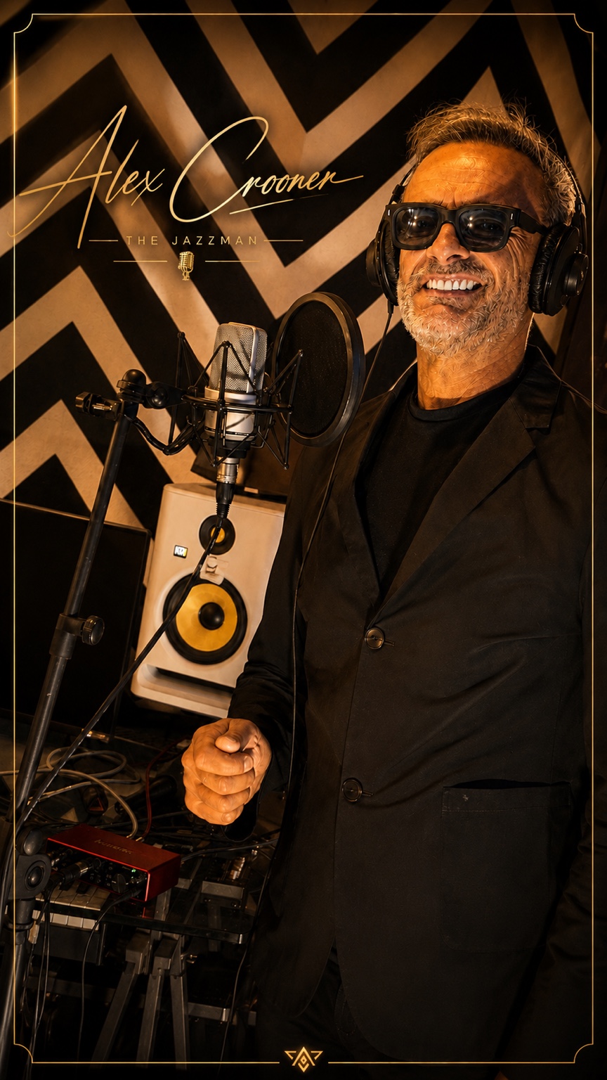 Alex Crooner sonriendo durante una sesión de grabación